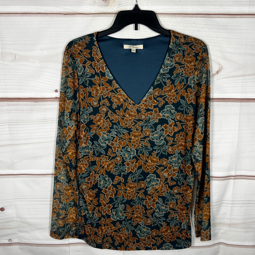 Les Serein V-Neck Mesh Top Women Large Teal Orange Floral Long Sleeve Whimsygoth
